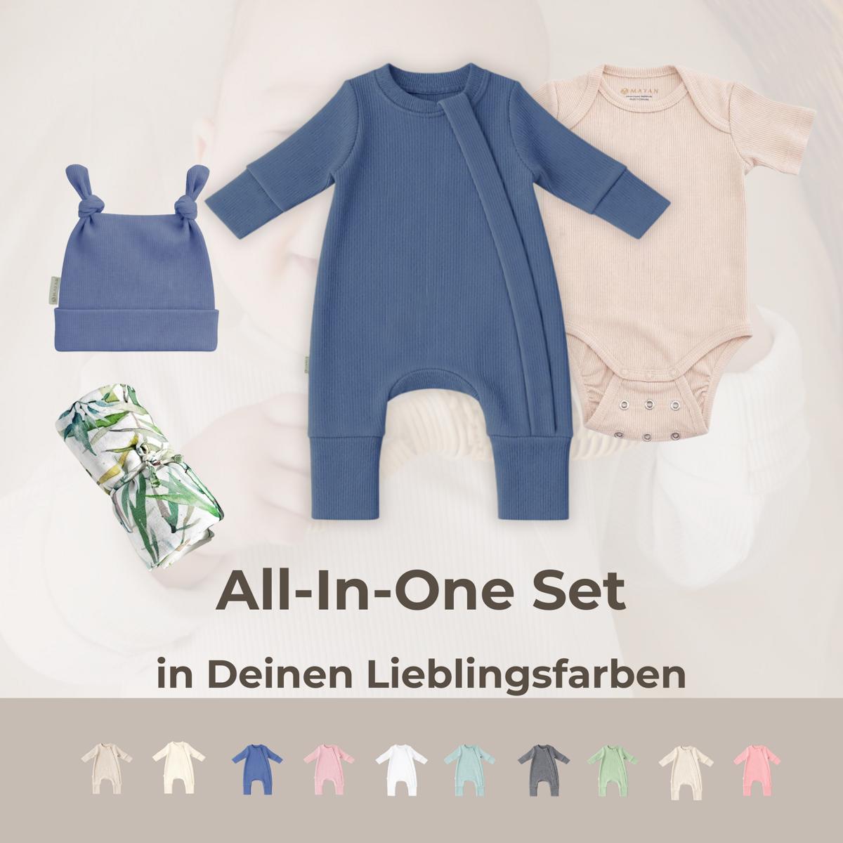 All-In-One SET (Romper, Beanie, Body & Musselintuch)